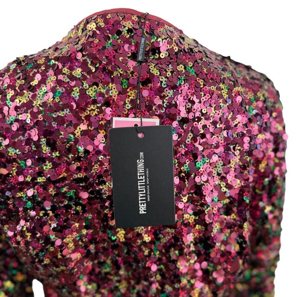 NWT PrettyLittleThing Multicolor Sequin Blazer Dress – Burgundy Pink & Gold - Picture 6 of 9